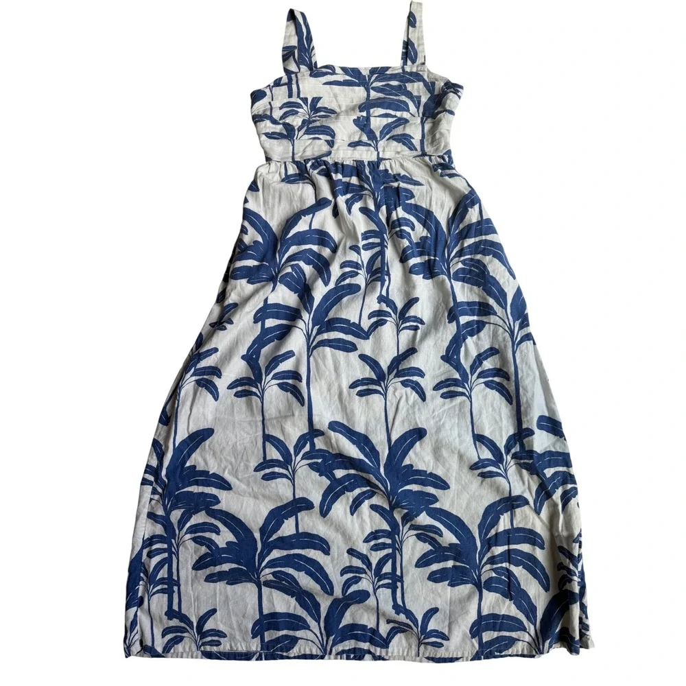 Tahari Tropical Palm Print Linen Blend Midi Dress Pockets Size 8